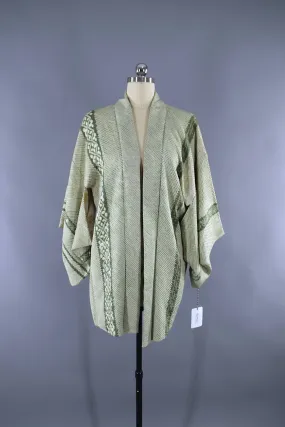 Vintage 1960s Silk Haori Kimono Jacket / Sage Green Shibori Dyed