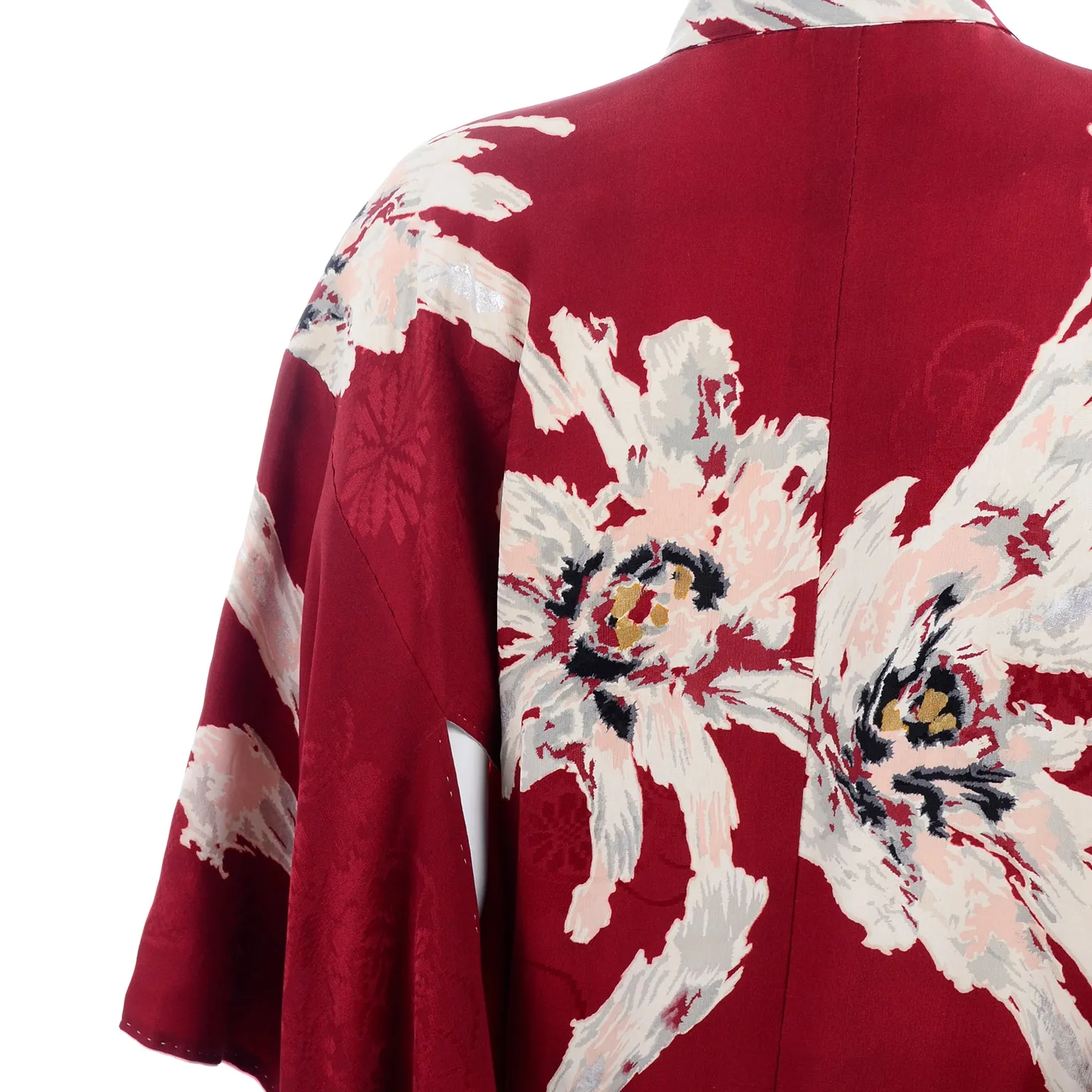 Vintage Floral Burgundy Red Silk Japanese Kimono Robe
