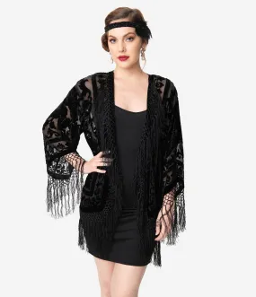 Vintage Style Black Devore Velvet Fringe Short Flapper Coat