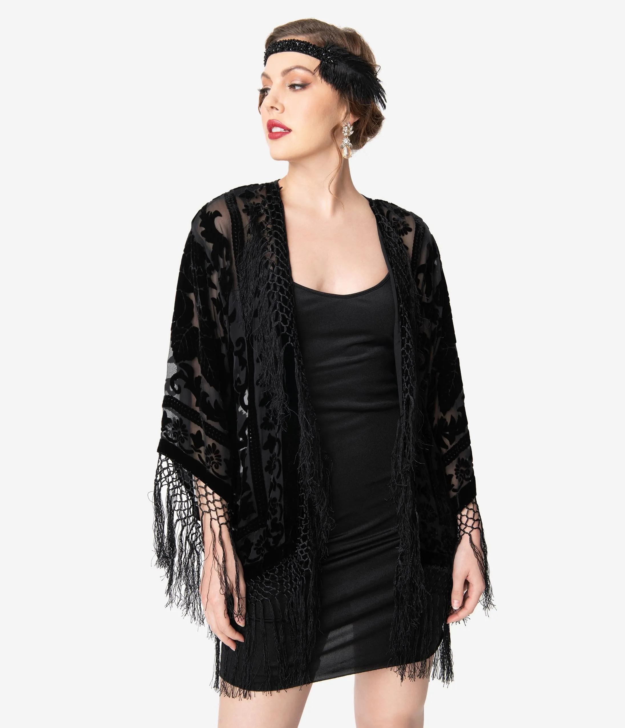 Vintage Style Black Devore Velvet Fringe Short Flapper Coat