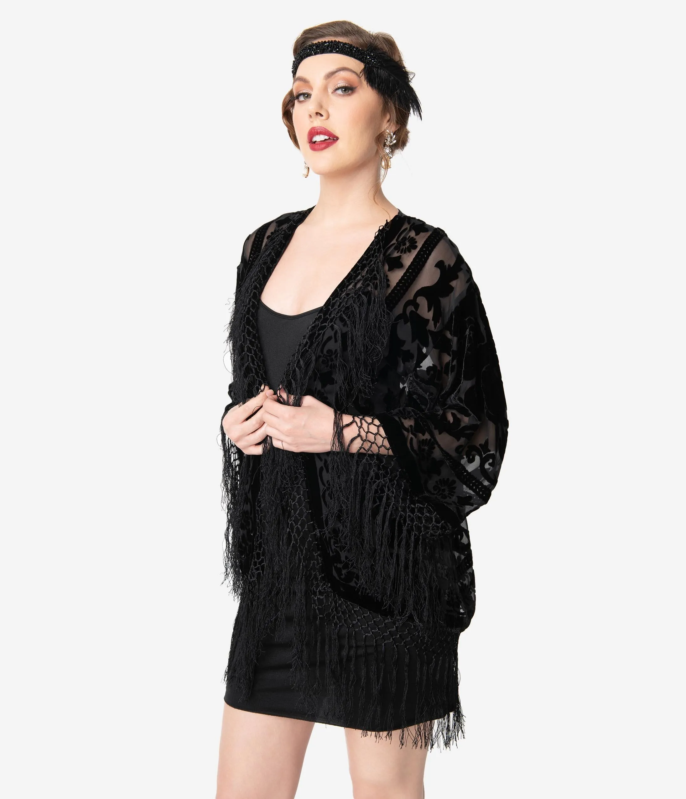 Vintage Style Black Devore Velvet Fringe Short Flapper Coat