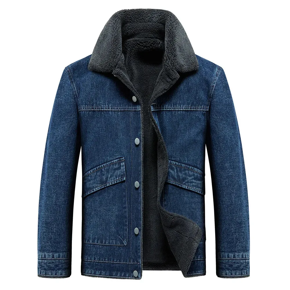 Wiaofellas  -  New Jackets for Men Fleece Liner Thicken Warm Denim Coat Winter Faux Fur Turn-down Collar Men's Parka Jacket and Overcoat MY1000