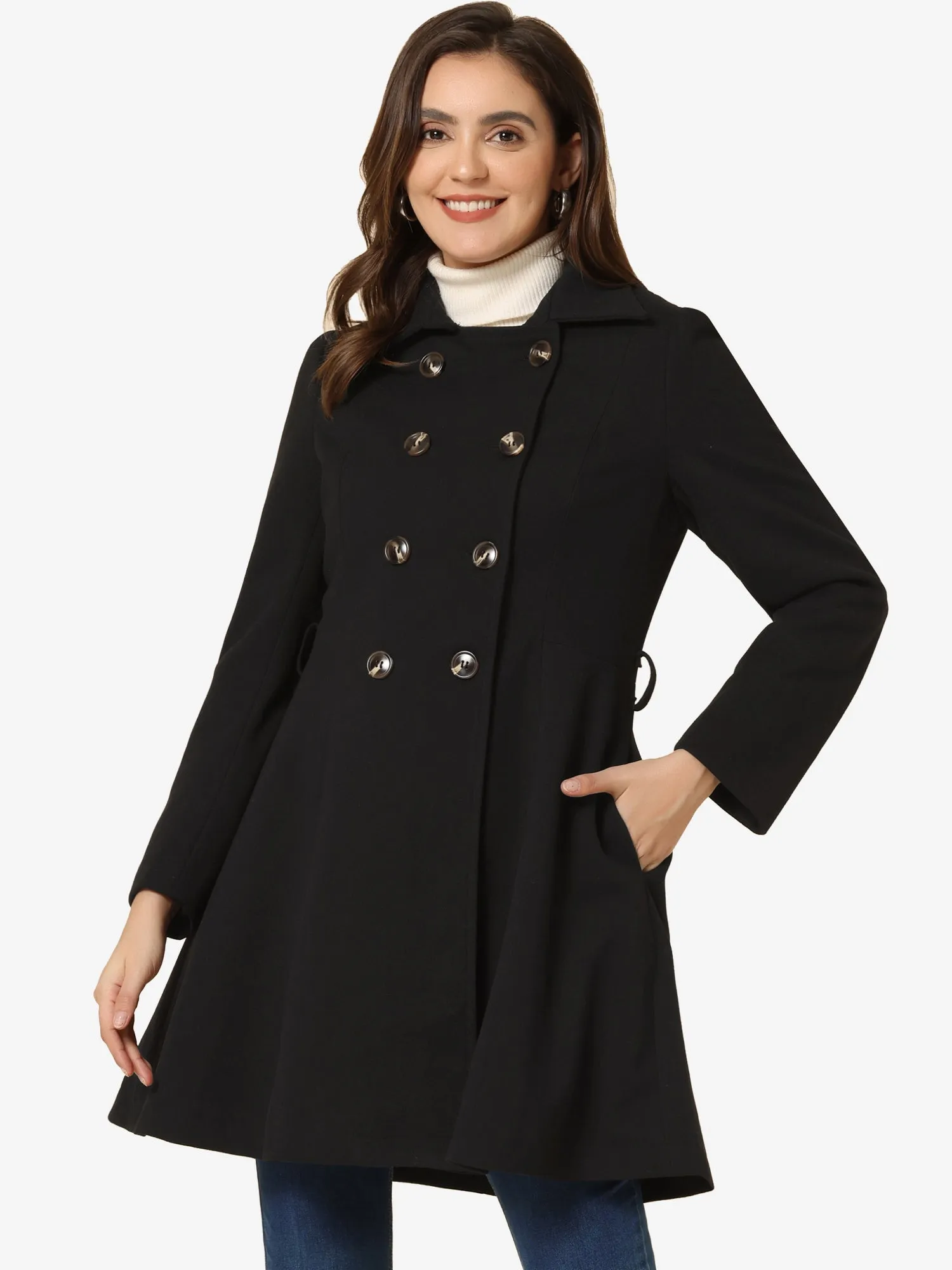 Winter Overcoat Turn Down Collar Belted Double Breasted Long Coat