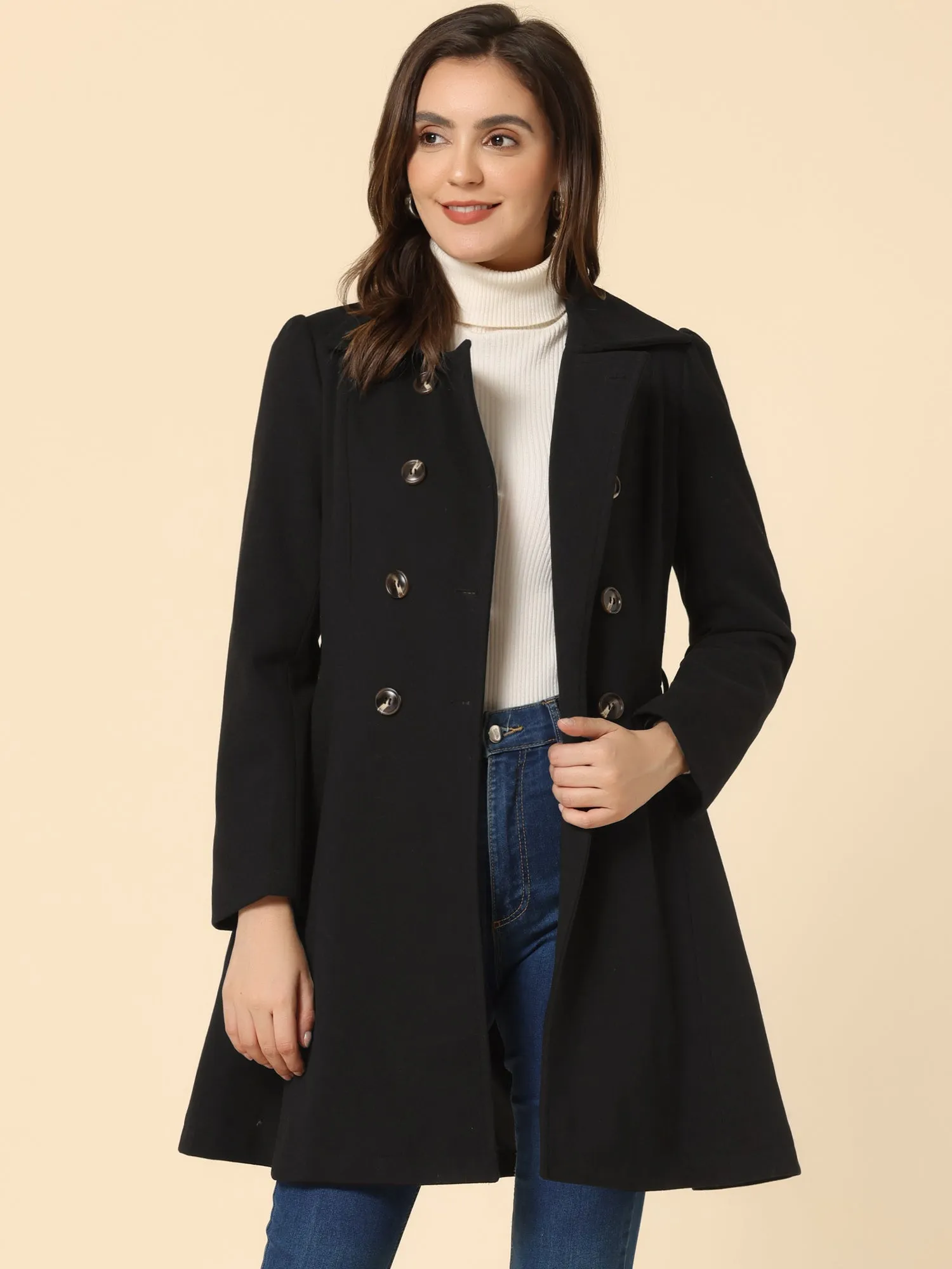 Winter Overcoat Turn Down Collar Belted Double Breasted Long Coat