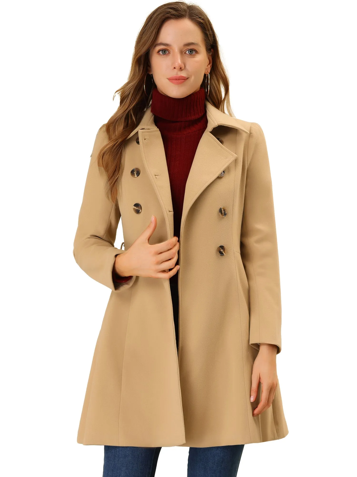 Winter Overcoat Turn Down Collar Belted Double Breasted Long Coat