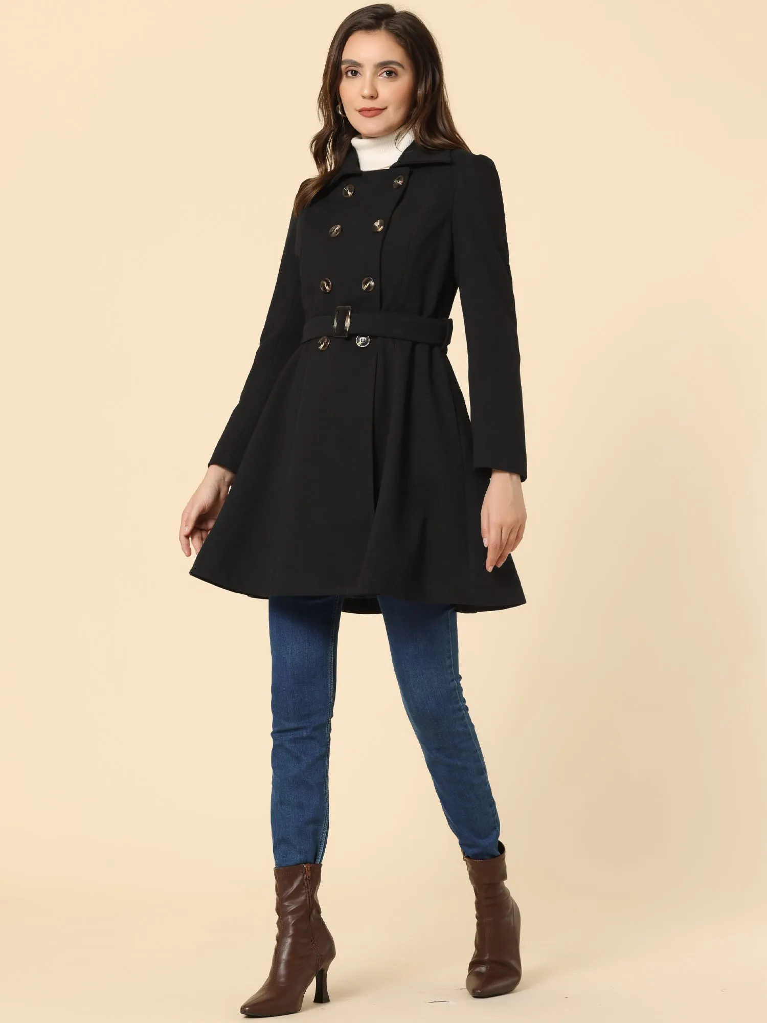 Winter Overcoat Turn Down Collar Belted Double Breasted Long Coat