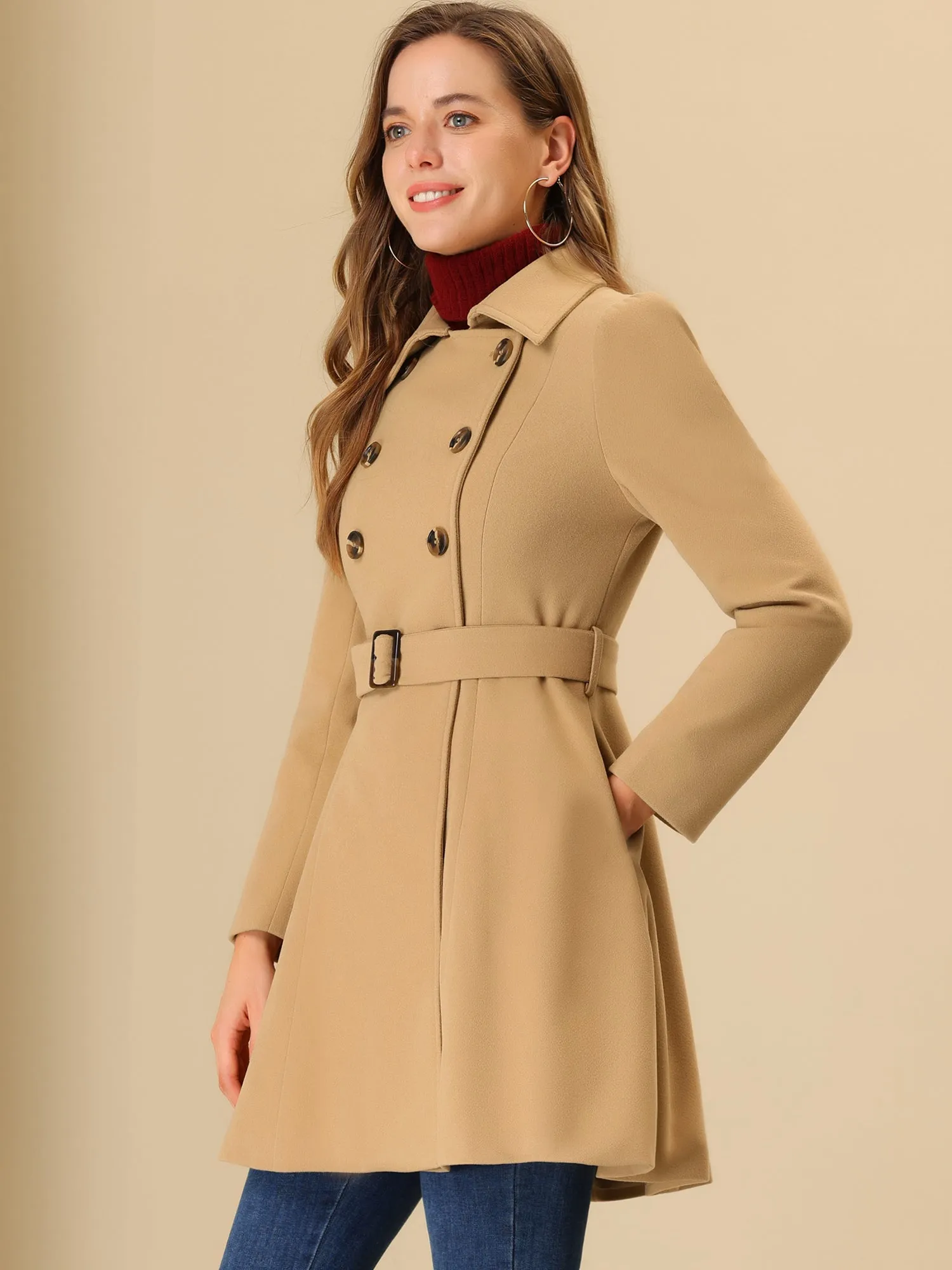 Winter Overcoat Turn Down Collar Belted Double Breasted Long Coat