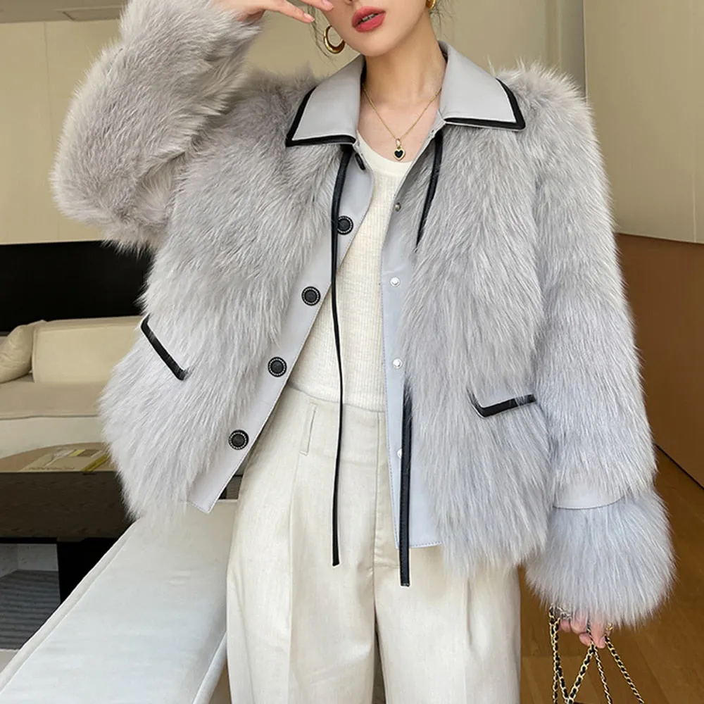 Winter Patchwork Faux Fur Coat For Women Lapel Long Sleeve Patchwork Lace Up Single Breasted Coats Female Clothing