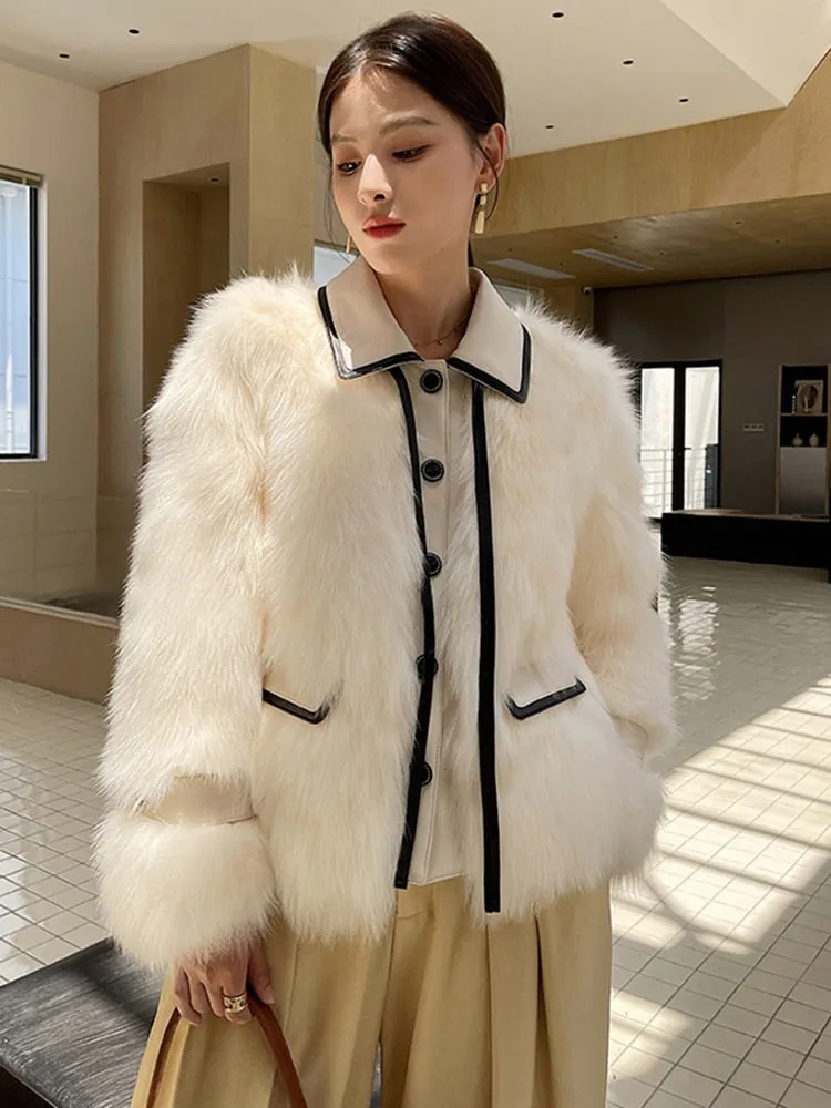 Winter Patchwork Faux Fur Coat For Women Lapel Long Sleeve Patchwork Lace Up Single Breasted Coats Female Clothing