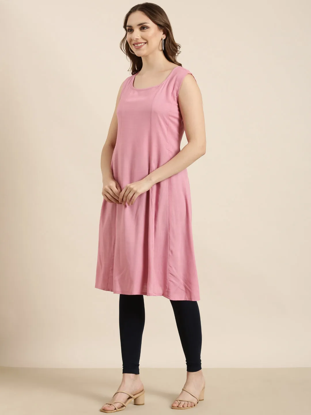 Women A-Line Pink Solid Kurta Comes With Overcoat