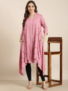 Women A-Line Pink Solid Kurta Comes With Overcoat