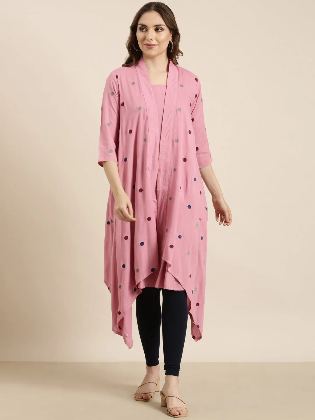 Women A-Line Pink Solid Kurta Comes With Overcoat