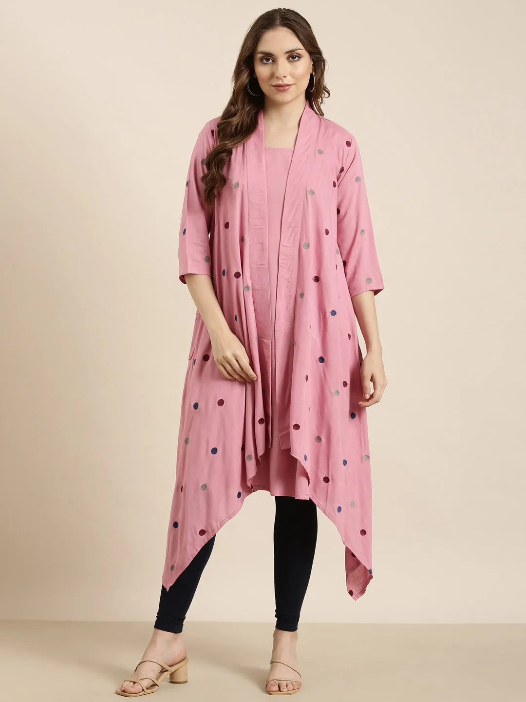 Women A-Line Pink Solid Kurta Comes With Overcoat