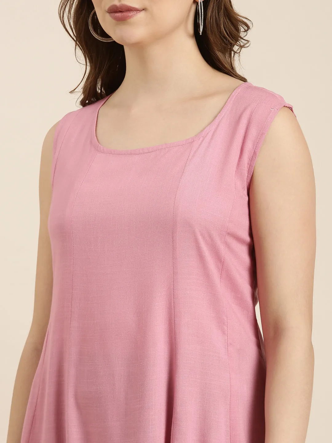 Women A-Line Pink Solid Kurta Comes With Overcoat