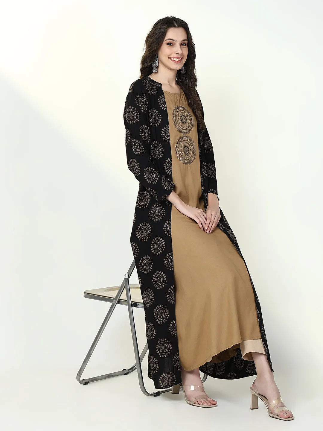 Women Beige Solid A Line Kurta with Coat