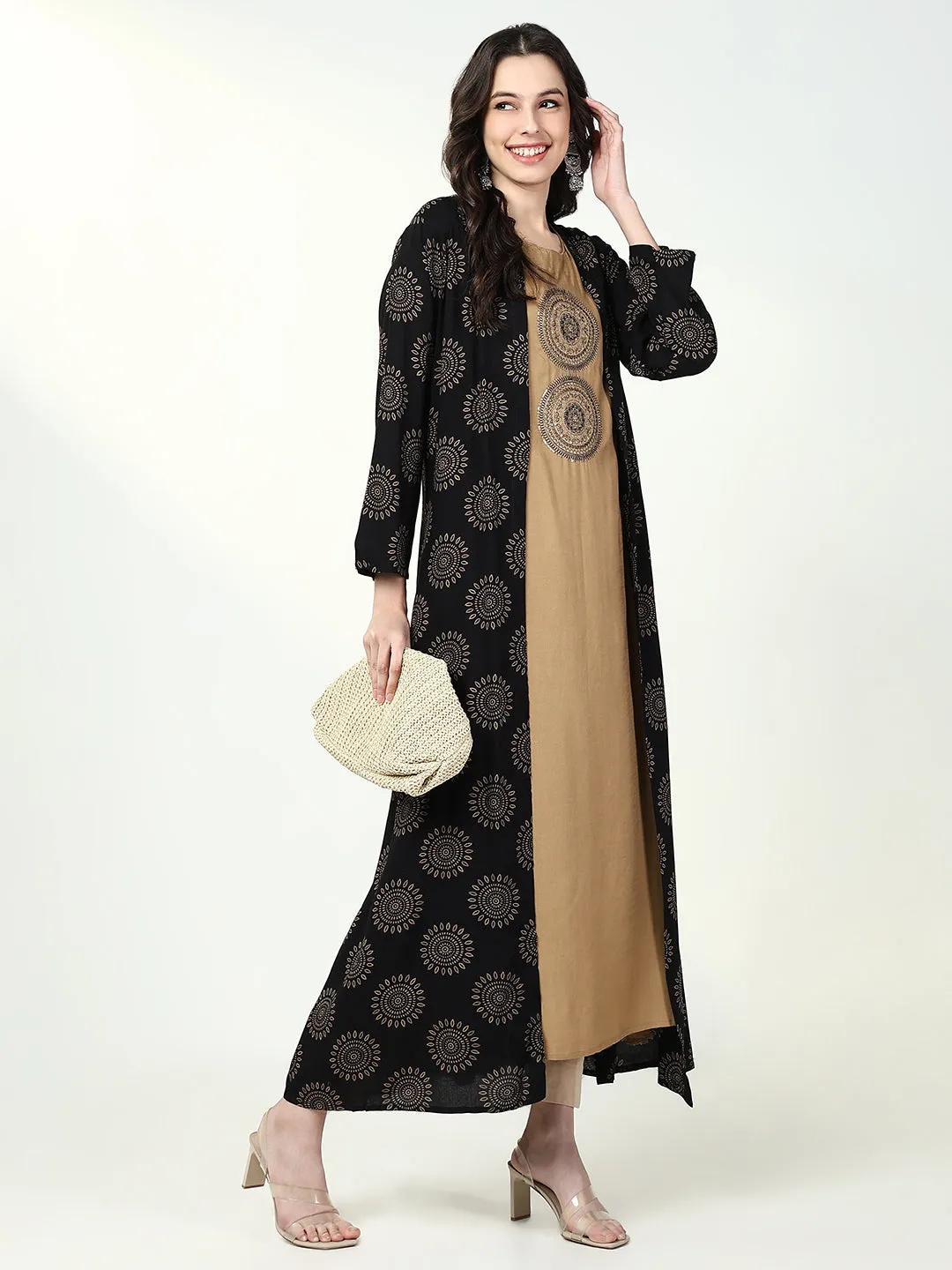 Women Beige Solid A Line Kurta with Coat