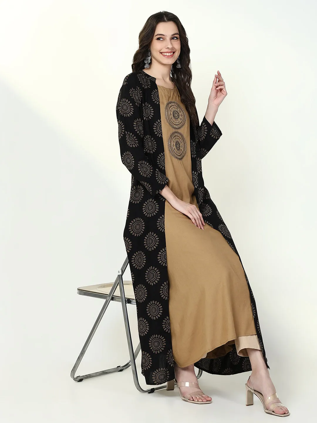 Women Beige Solid A Line Kurta with Coat