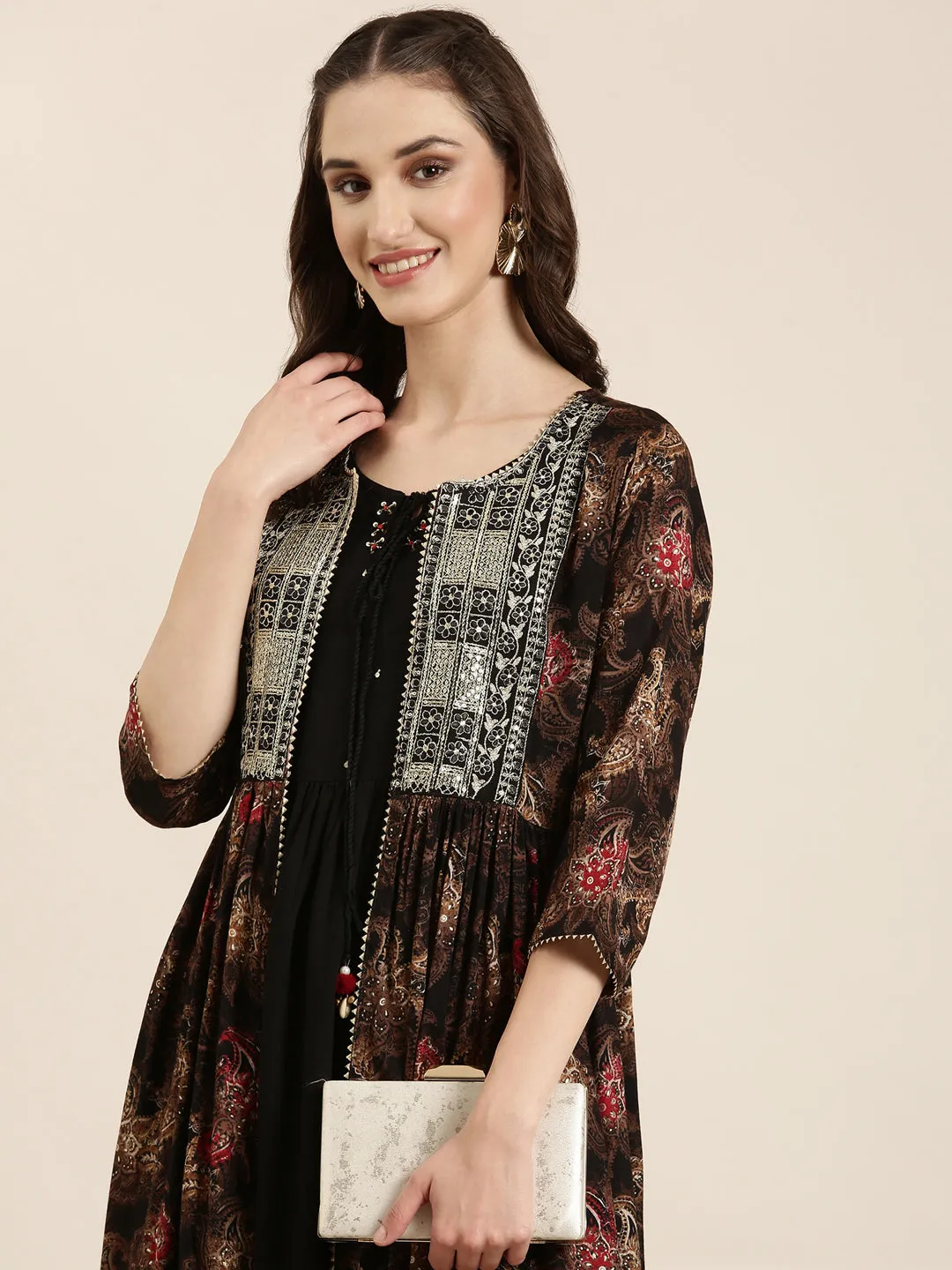 Women Black Floral Anarkali Kurta