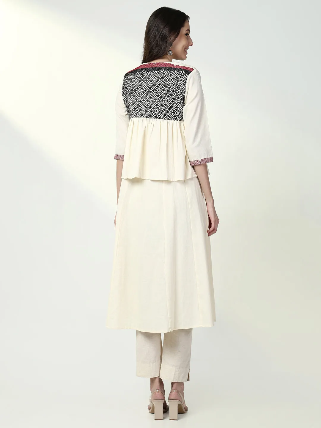 Women Cream Solid A Line Kurta with Coat