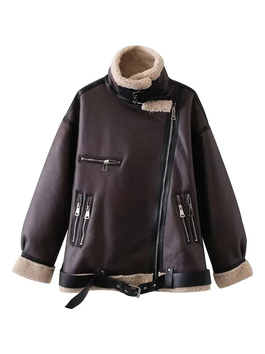 Women PU Leather Coat with Faux Lamb Fashion Lapel Collar Fleece Lining Long Sleeve Zipper Jacket Casual Outwear with Pockets