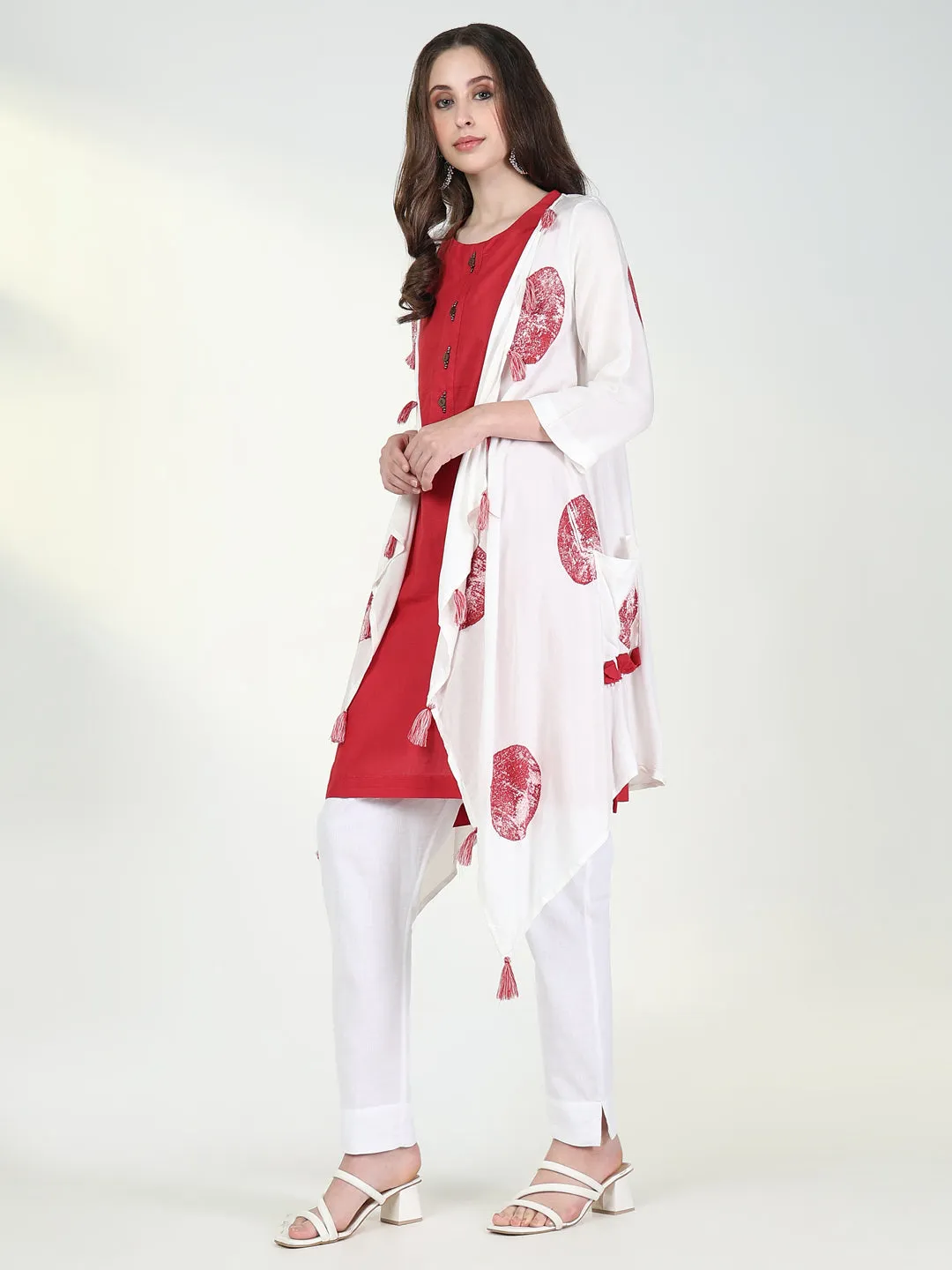 Women Red Solid A Line Kurta with Coat