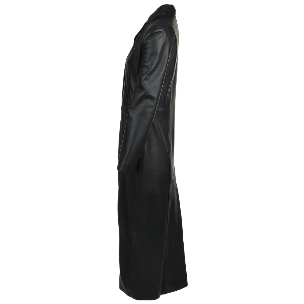 Women's  Black Long Length  Leather Trench Long Overcoat