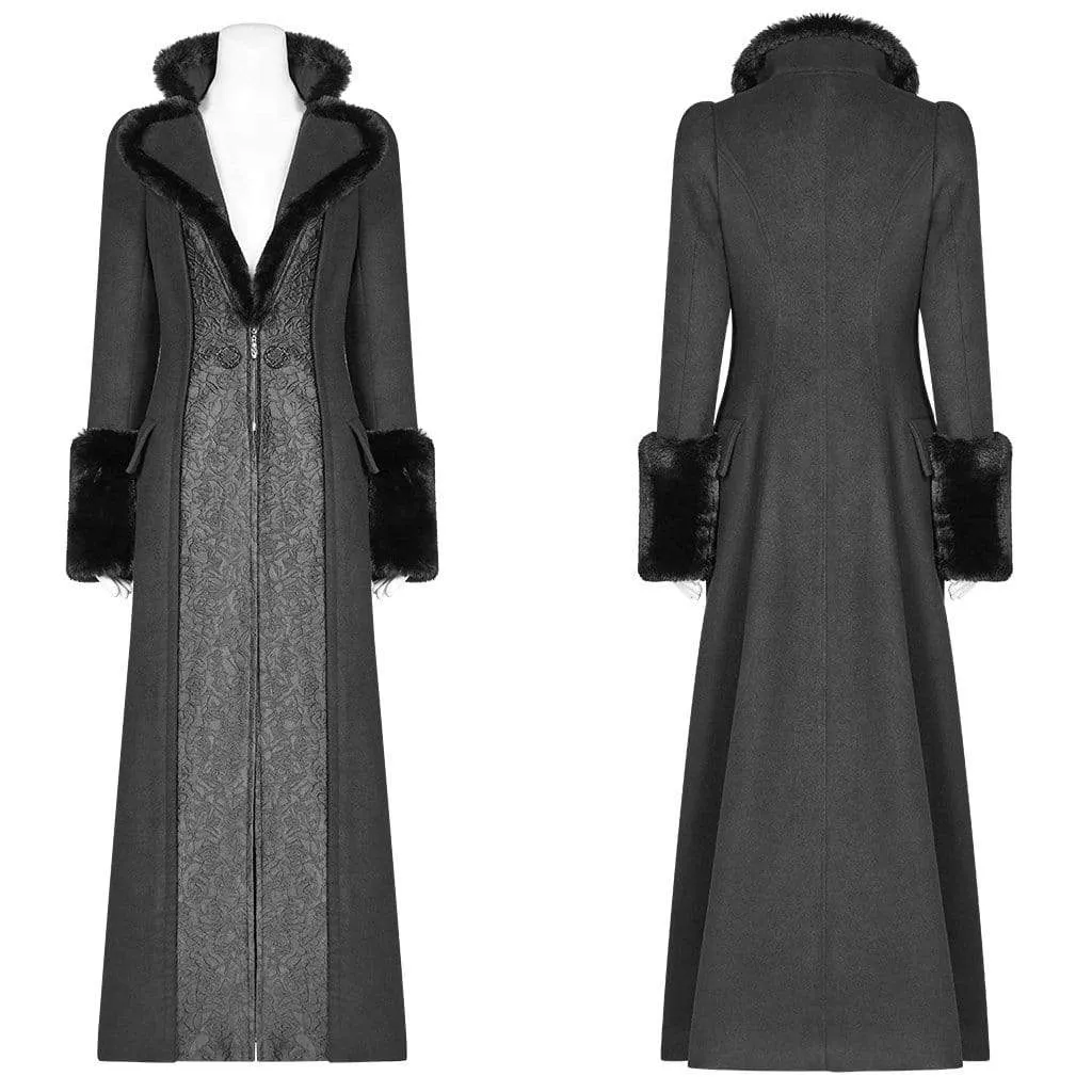 Women's Goth Jacquard Turn-Down Collar Woolen Overcoat