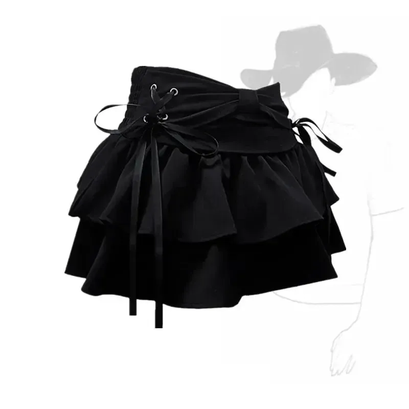 Women's High Waist Ruffle Layered Fashion Designer Bow Tie Mini Skirts (Short)