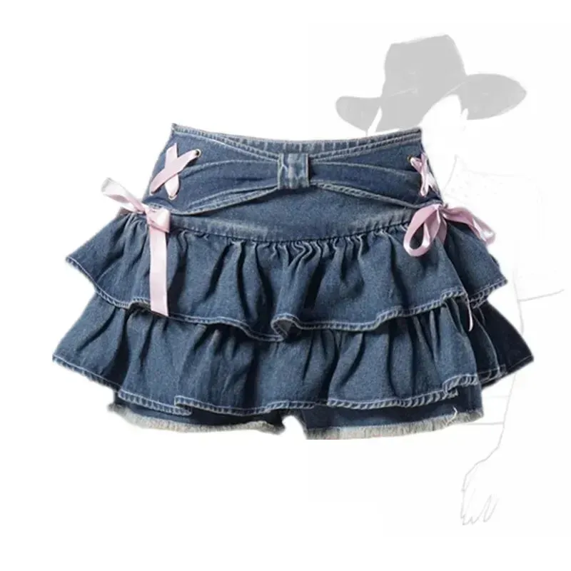 Women's High Waist Ruffle Layered Fashion Designer Bow Tie Mini Skirts (Short)