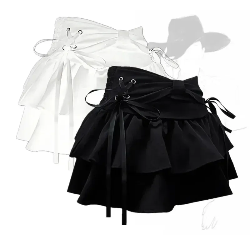 Women's High Waist Ruffle Layered Fashion Designer Bow Tie Mini Skirts (Short)