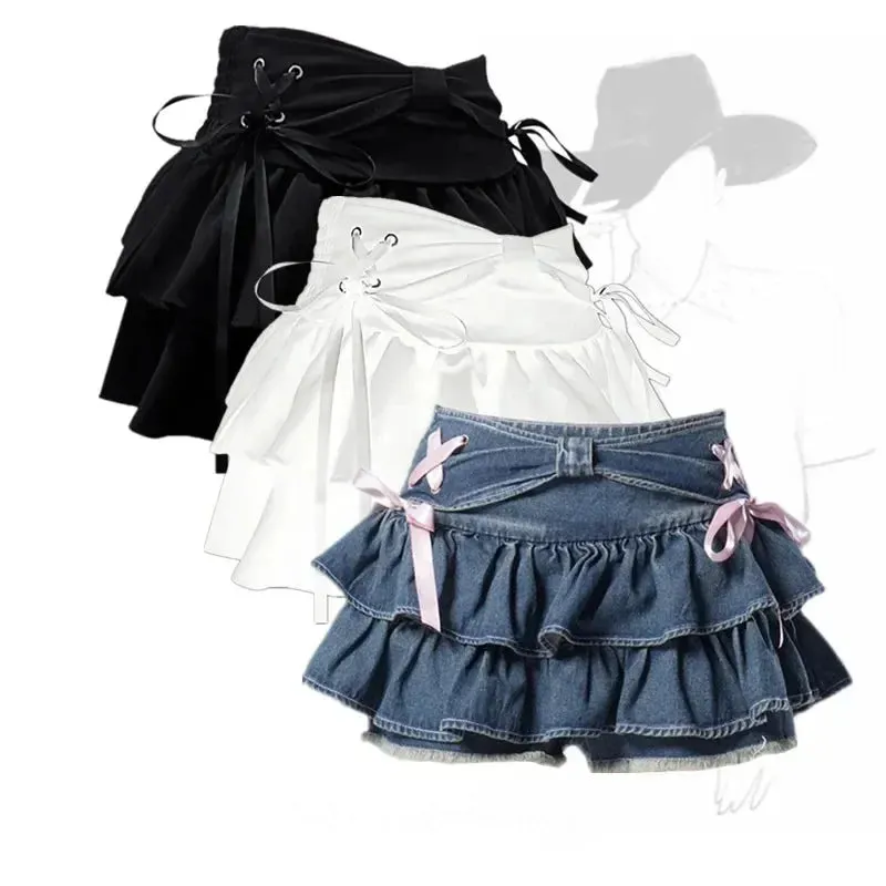 Women's High Waist Ruffle Layered Fashion Designer Bow Tie Mini Skirts (Short)