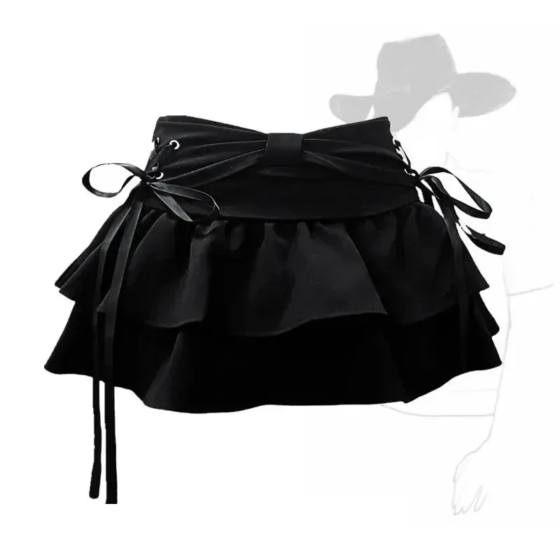 Women's High Waist Ruffle Layered Fashion Designer Bow Tie Mini Skirts (Short)