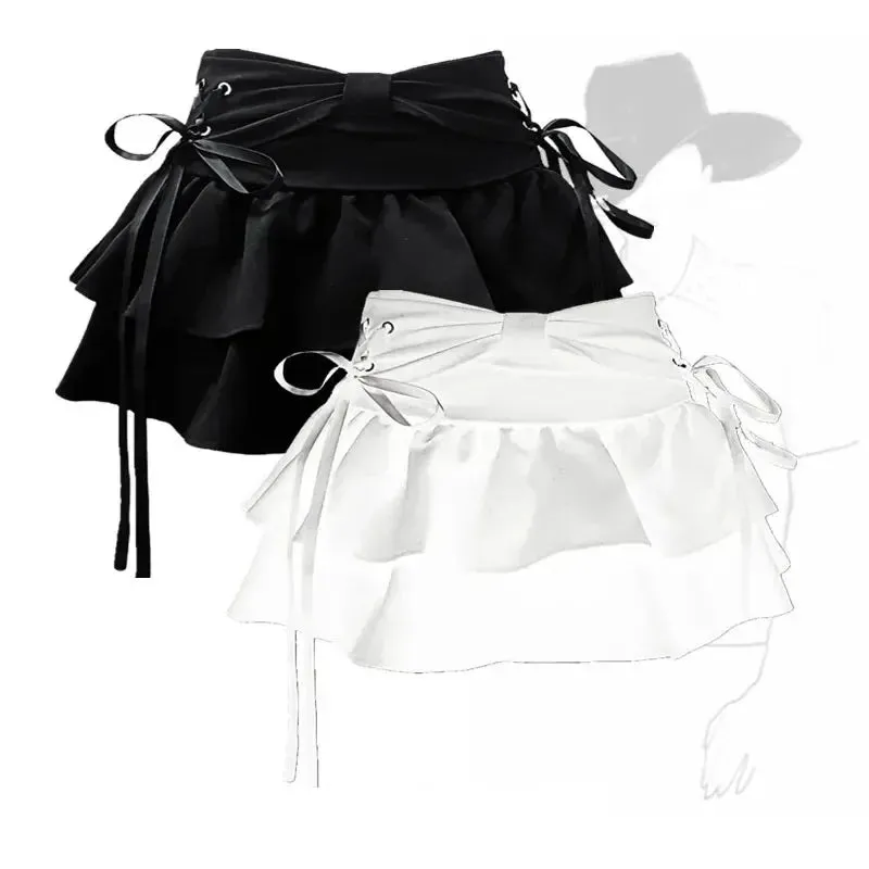 Women's High Waist Ruffle Layered Fashion Designer Bow Tie Mini Skirts (Short)